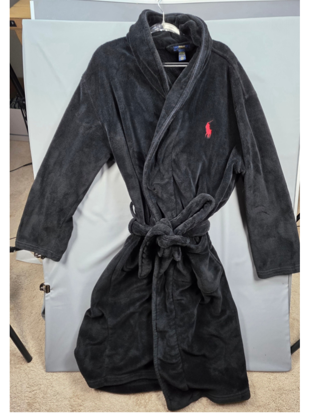Polo Ralph Lauren Mens L/XL Plush Fleece Robe Black Red Pony Belted Bathrobe